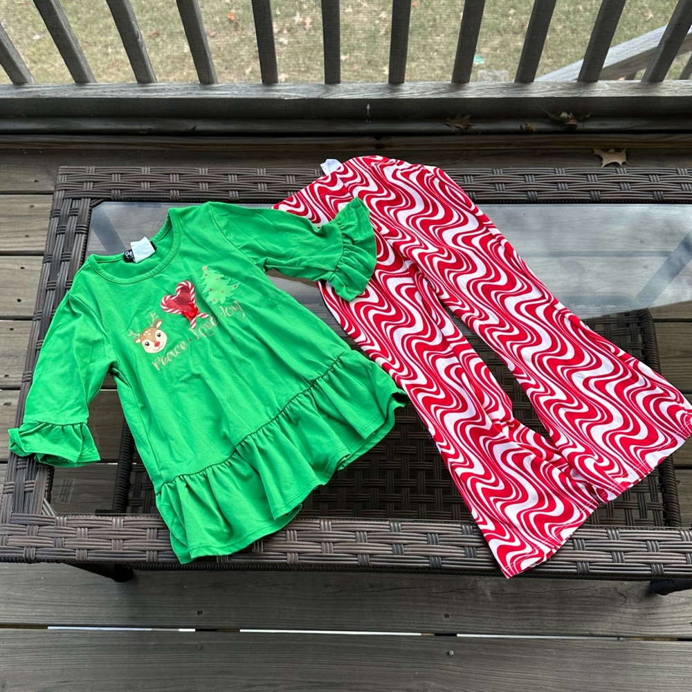 Rare Too Green Ruffled Top and Red Swirl Pants Set Size 3T